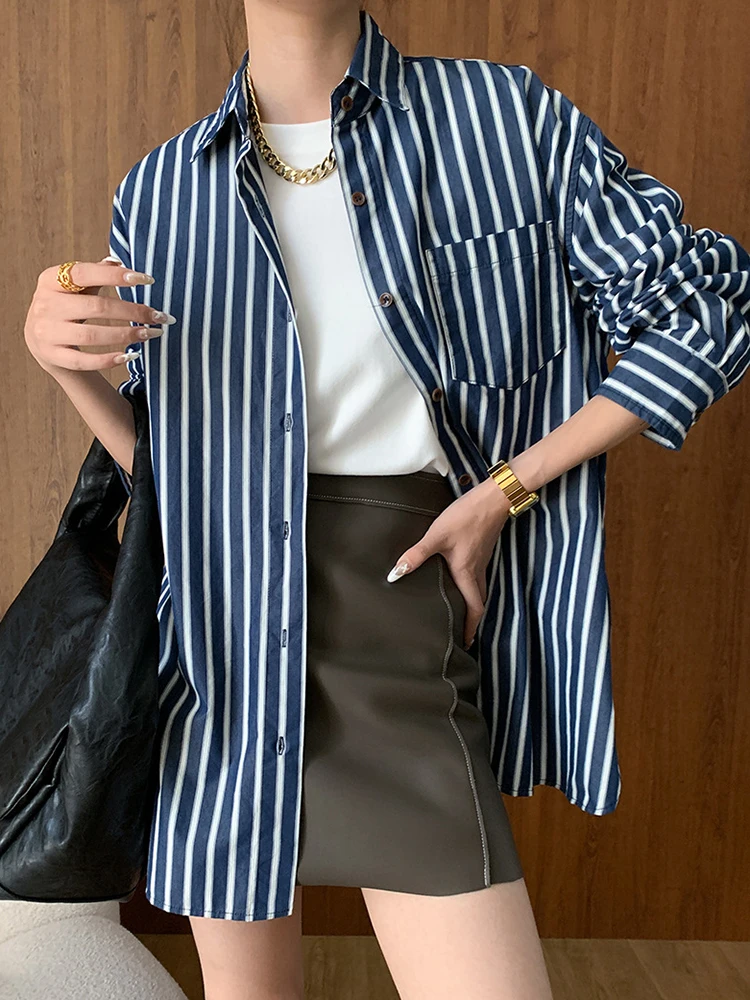 ] Damska granatowa bluzka w paski duże rozmiary Elegancka Nowa koszula z długim rękawem klapami Moda Przypływ Wiosna Jesień 2024 1DH6534