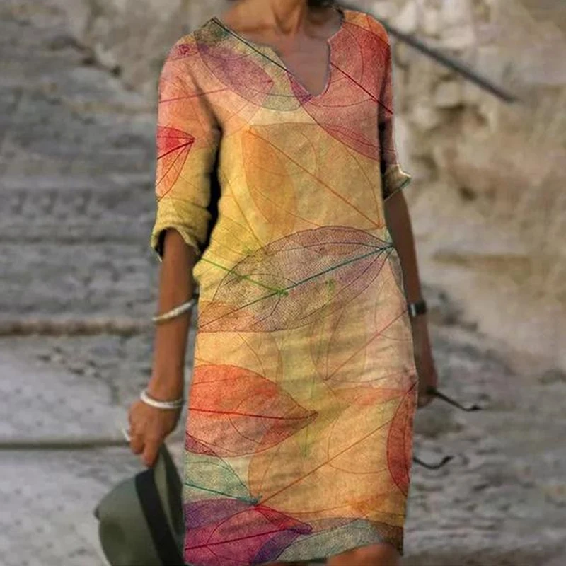 

Женское винтажное платье-трапеция с цветочным принтом, V-образным вырезом и полурукавом