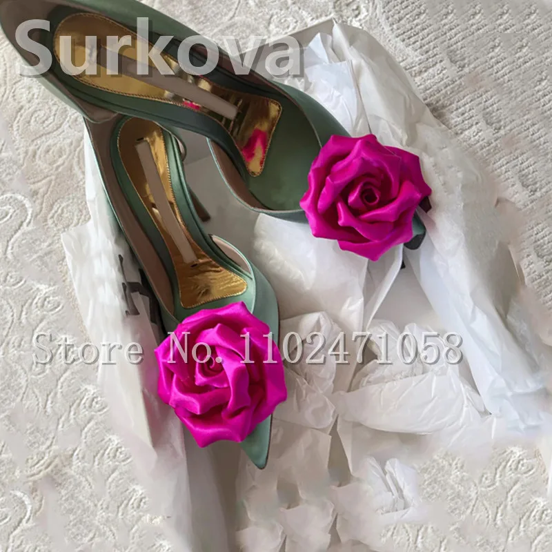 Red Rose Women Pumps Fashion Design Blossing Flowers Hight heels Ladies Shoes Sheepskin Pointed Toe Party Wedding Pumps Female