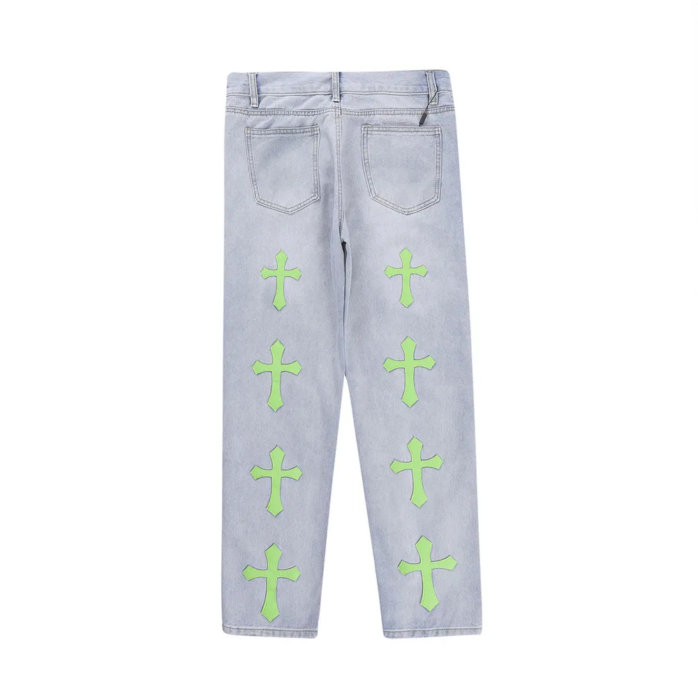 2023 Ripped Retro Hole Cross Embroidery Casual Denim Trousers Men Women High Street Washed Straight Oversized Y2k Jeans Pants