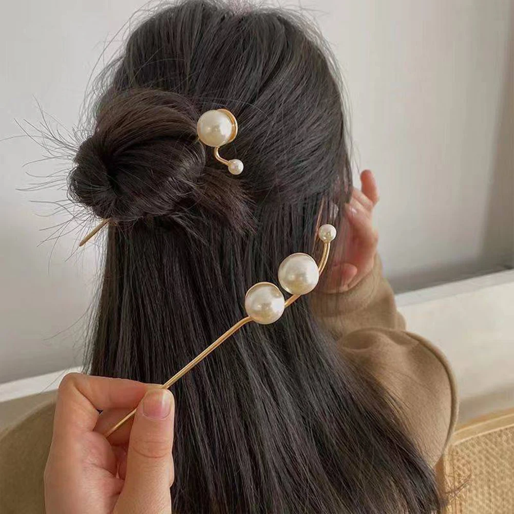 

Korean Simple Gold Metal Circular Pearl Hair Sticks Hollow Long Thin Hairpin for Women Party Vacation Jewelry Elegant Hair Clips