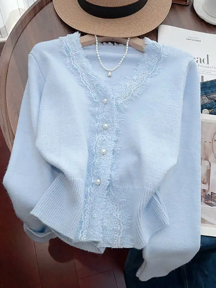 Женский белый кружевной лоскутный кардиган свитер в стиле Харадзюку корейский