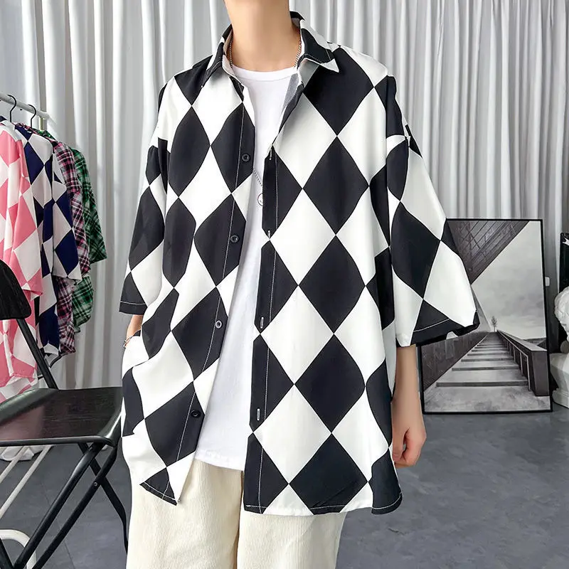 Рубашка мужская в клетку повседневная с заостренным воротником и бриллиантами