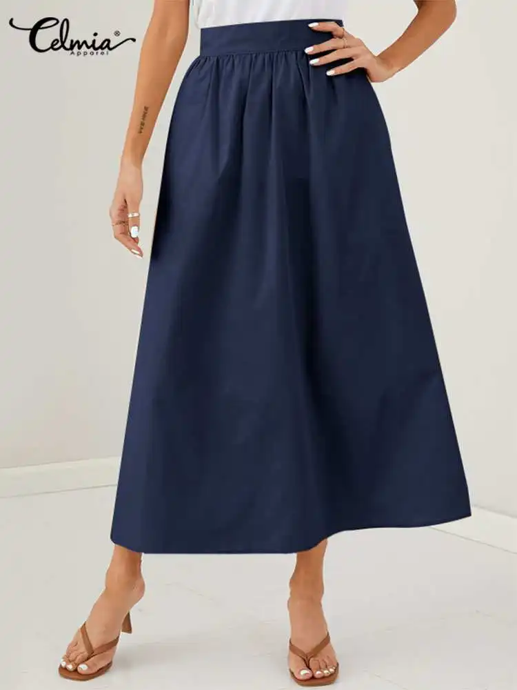 

Celmia однотонная Свободная юбка А-силуэта для отдыха, Женская Повседневная Длинная юбка с высокой талией на каждый день, простые элегантные п...