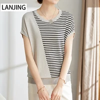 black and white striped short sleeved t shirt womens 2021 new loose summer silk knitted sweater thin top women shirts