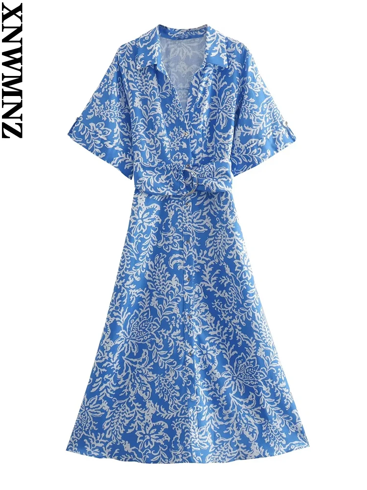 

XNWMNZ 2022 женское модное льняное платье-рубашка с принтом женские винтажные короткие рукава золотые пуговицы с поясом женские шикарные платья