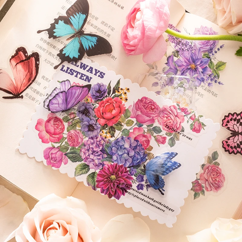 

50Pcs Paper Color plant Stickers Flower Rose Butterfly literary aesthetic Dancing material DIY Decorative stationary 85*155MM