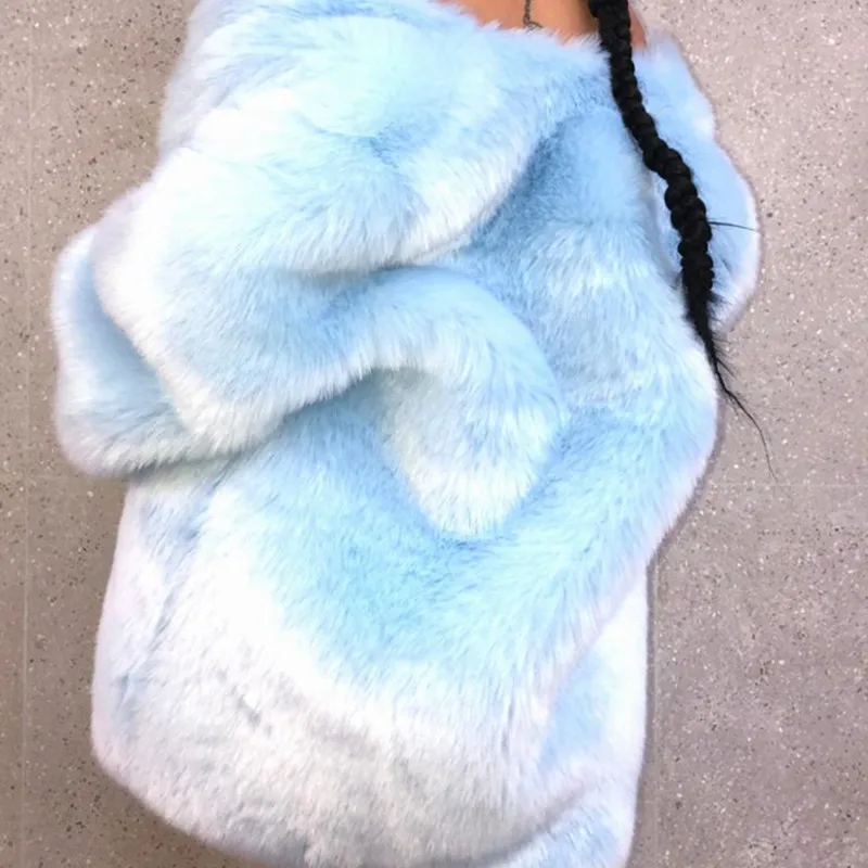 sky blue Loose Faux Fur Thickened Fluffy Jacket Women Winter Fluffy Luxury Overcoat High Quality Long Cropped h Coat luxury