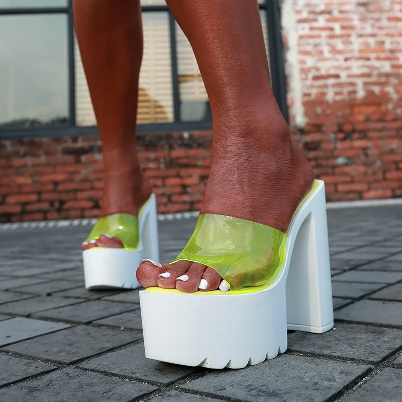 

Женские шлепанцы с открытым носком, черные сандалии на платформе и высоком каблуке, без застежки, неоновые шлепанцы, лето 2023