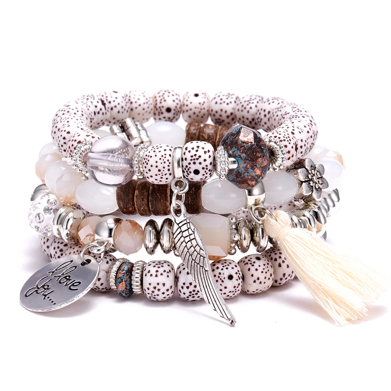 

Retro Style Beaded Wrap Bracelet Set for Woman Charm Winged Tassel I Love You Pendant Bracelets for Lover Friend Jewelry Gift
