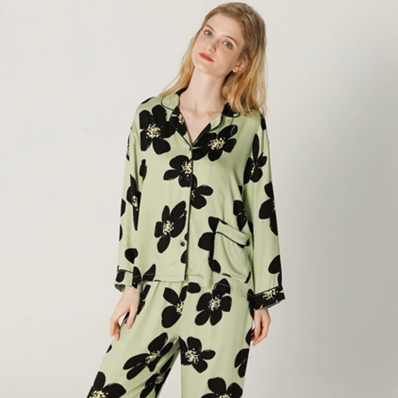 2022 New Spring Summer Satin-like Cotton Pajamas Set Women High Quality Pint Cardigan Homewear Full Sleeve Night Sleep Pants