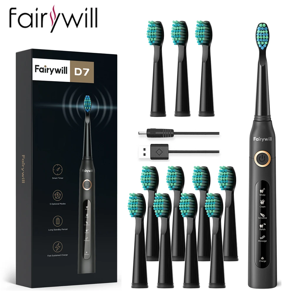 

Fairywill Electric Sonic Toothbrush FW-507 USB Charge Waterproof Rechargeable Electronic Tooth 8 Brushes Replacement Heads Adult