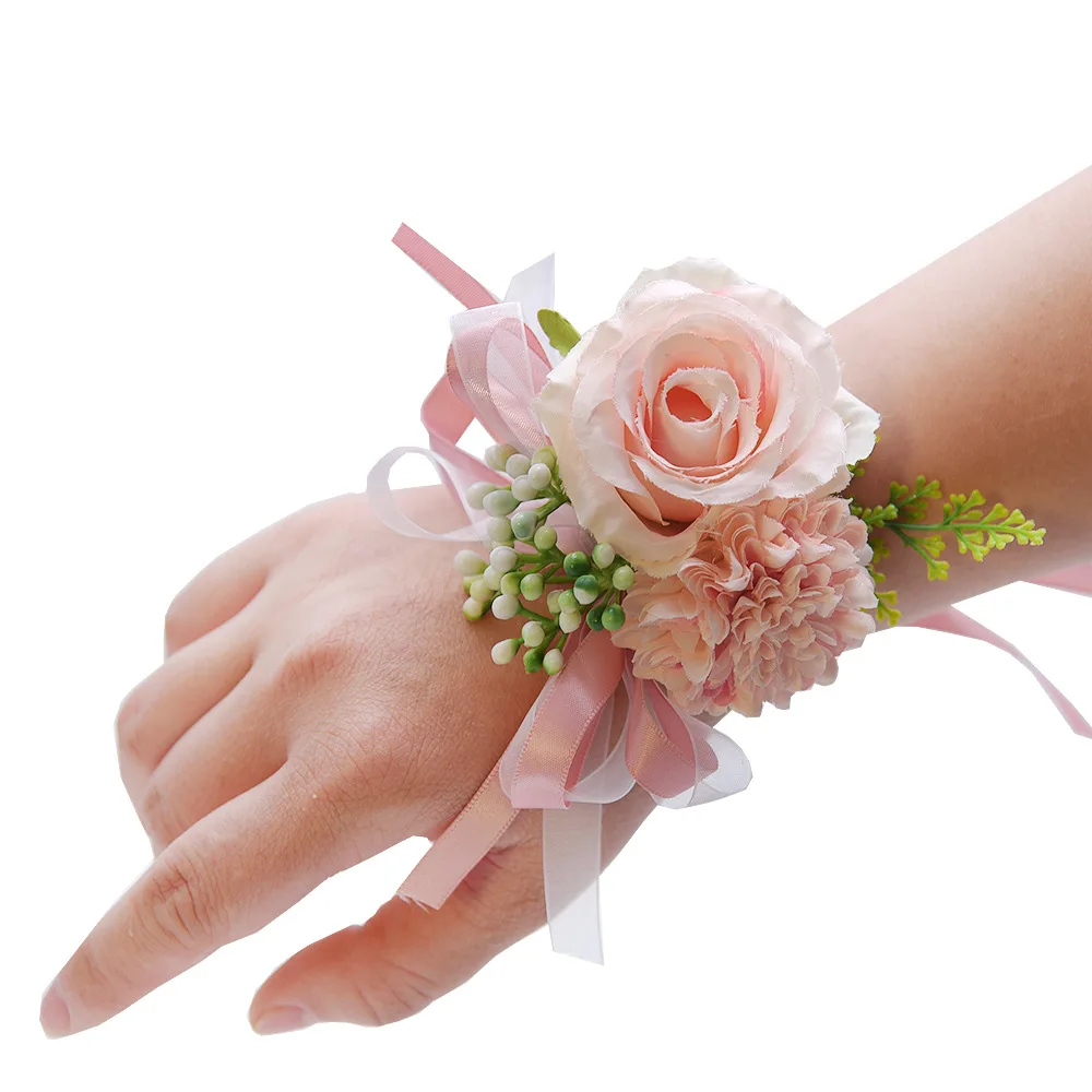 

Silk Roses White Groom Boutonniere Flowers Wedding Wrist Corsage Bracelet Bridesmaids Prom Marriage Corsage Flowers Accessories