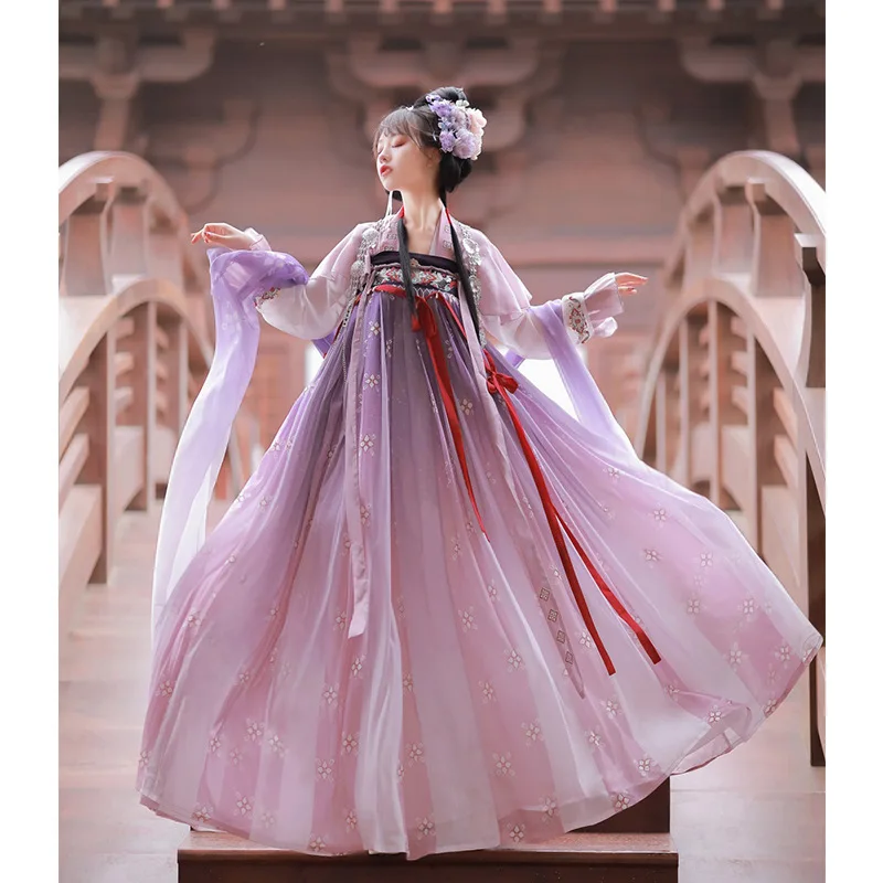 

Lady Spring New Chinese Style Flower Print Fairy Retro Hanfu Dress Women Oriental Traditional Four Piece Suit Skirt Costume