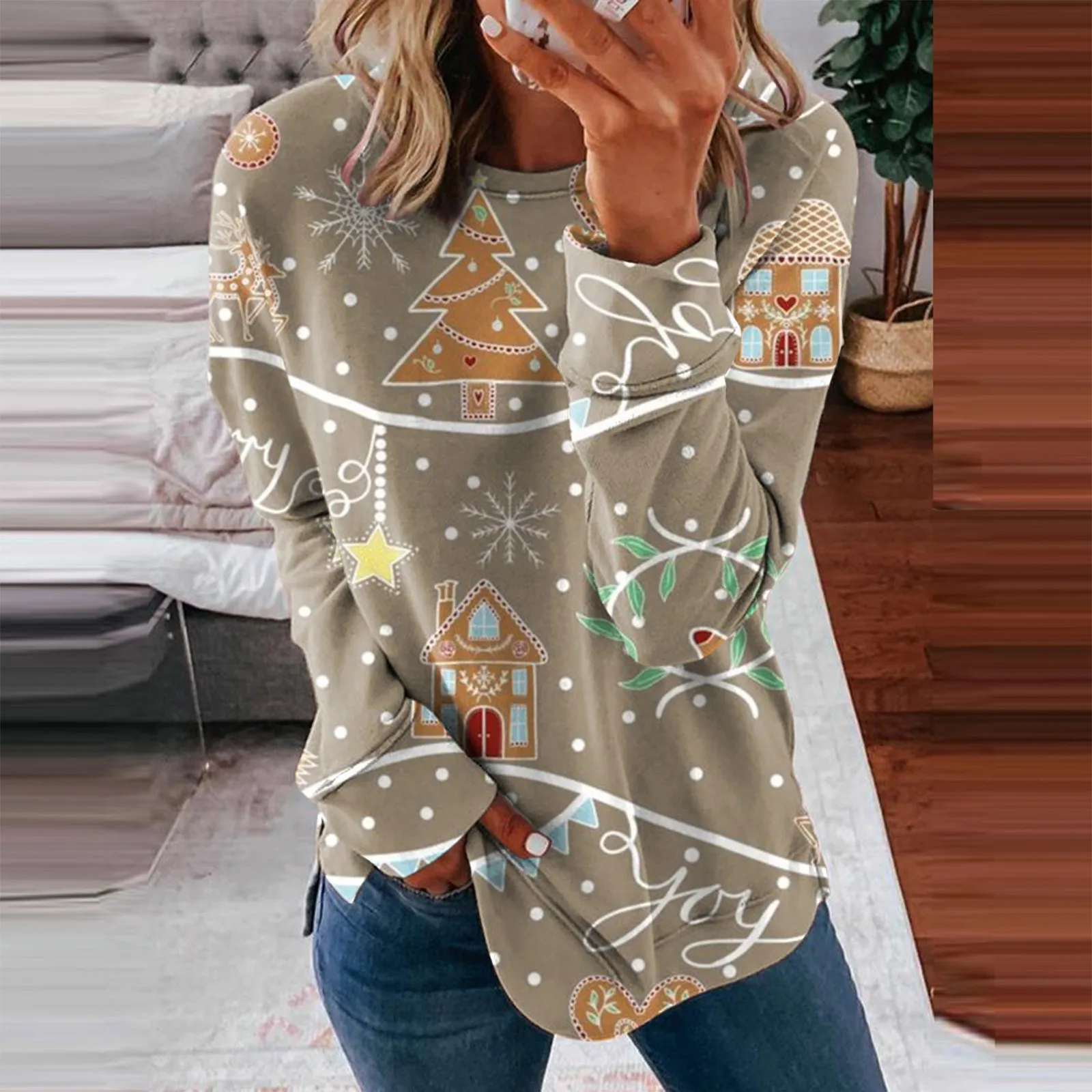 

Womens Fall Fashion Tops Casual Hoodless Sweatshirt Christmas Print Long Sleeve Loose Pullover Cotton Sweatshirts for Women