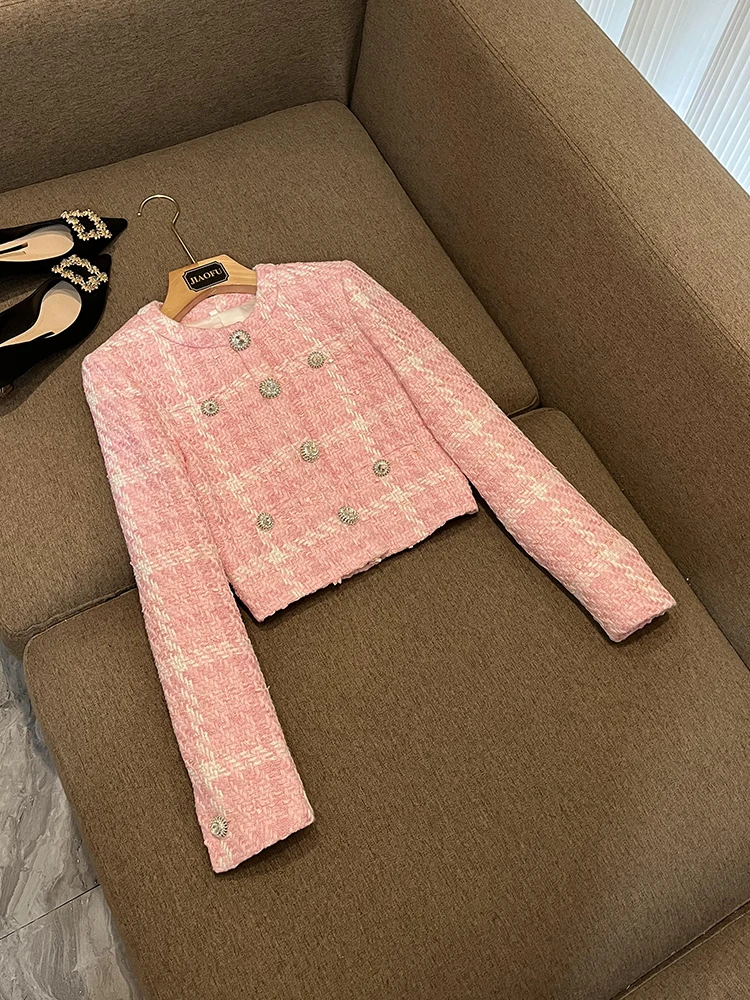 Delicacy Tweed Cloth Luxury Rhinestone Buttons High Quality Long Sleeve Round Neckline Women Short Coat