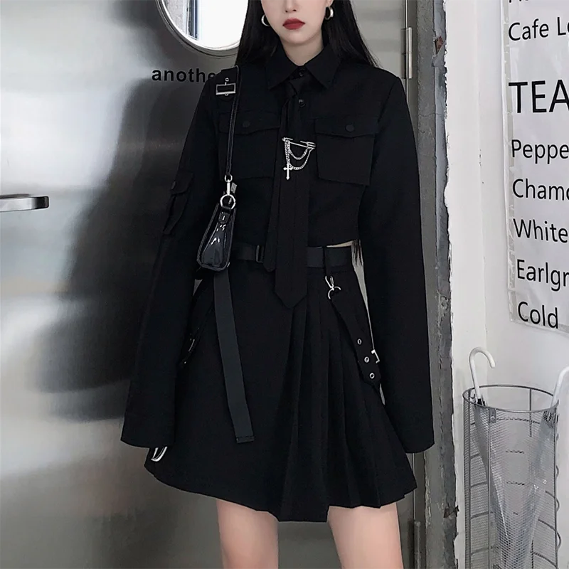 

2022 New Spring Large Size Streetwear Two-Piece Skirt Spring Plus Size 4XL Punk Chain Ribbon Skirts Women 2Piece Suit For Female