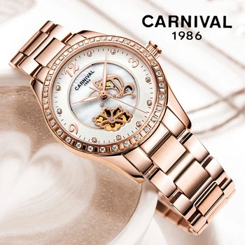 Carnival New Mechanical Watch Women Stainless Steel Rose Gold Bracelet Waterproof Automatic Watch Fashion Diamond Women Watches