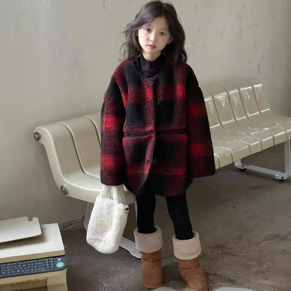 Зимняя красная клетчатая верхняя одежда для маленьких девочек пальто из