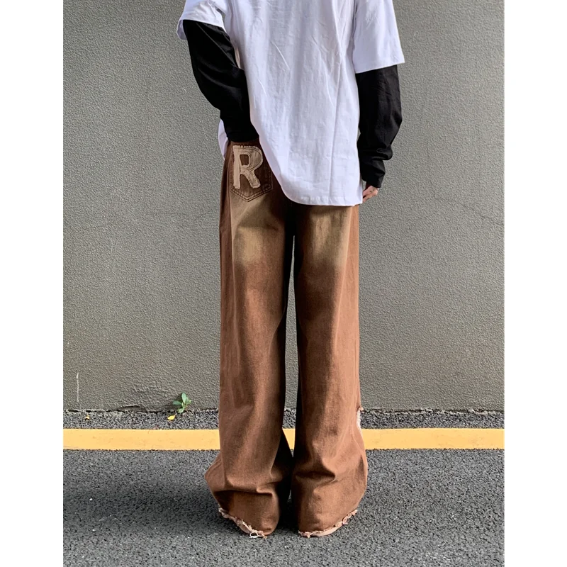 Men's Wear New Pattern Recreational Vintage Nostalgia Brown Jeans Straight Cylinder Loose Applique Street Trousers Autumn Female