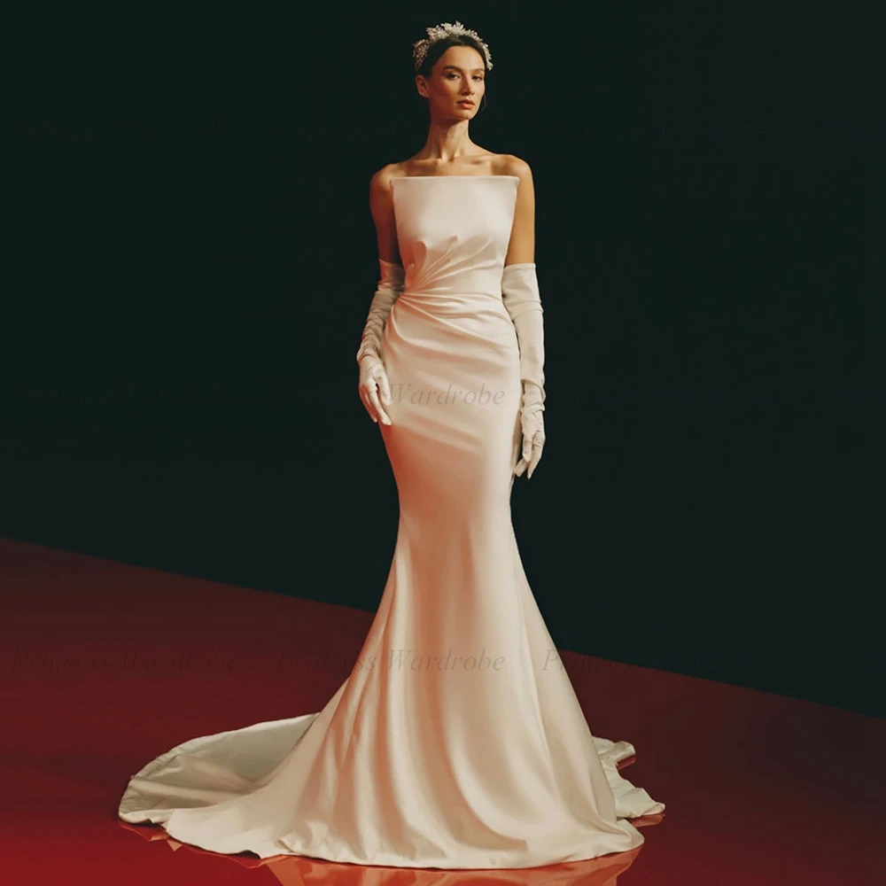 

Vintage Mermaid Wedding Dresses Sleeveless Satin Backless Strapless Pleat Bride Gown For Women Party Dress vestido de casamento