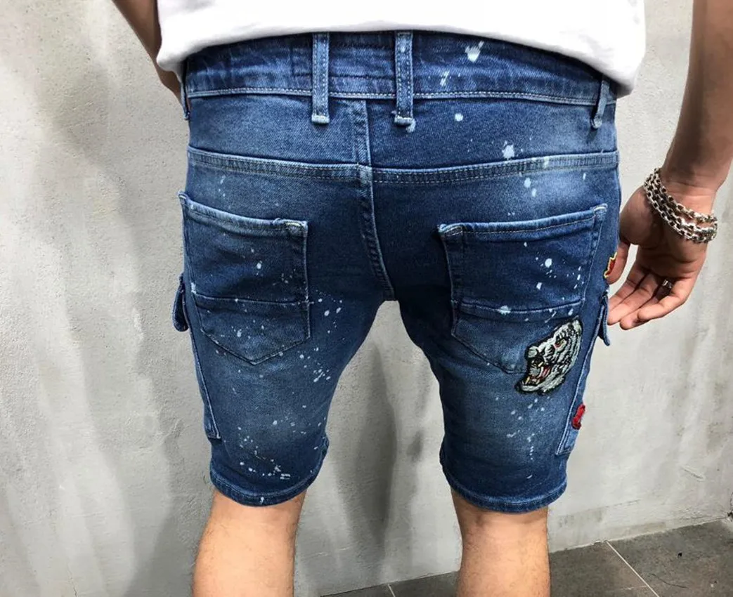 2023 Summer New ripped jeans shorts Men Vintage Stretch Straight Short Jeans Badge Pockets Hole Slim Denim Shorts Male Clothes