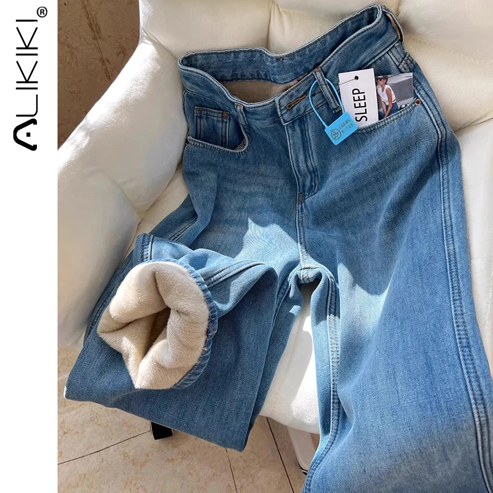 Зимние брюки с высокой талией на флисовой подкладке широкие джинсы теплые для