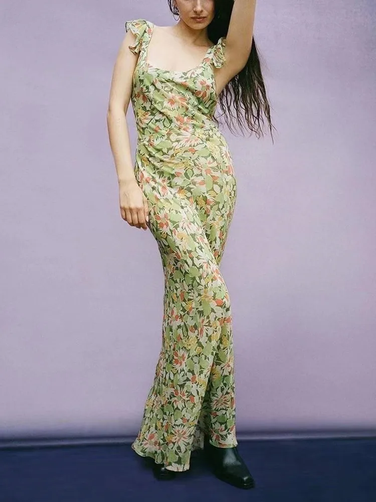 Women Retro Print 100% Silk Sling Dress Sleeveless U-Neck Ruffles Fashion Sexy Lady High Waist Temperament Mid-Length Dress 2023