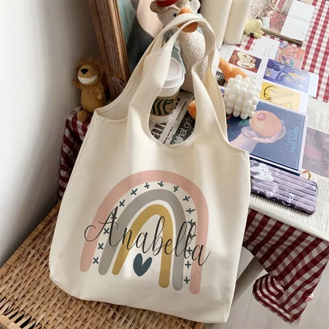Персонализированная сумка через плечо с радугой и именем, холщовые сумки на заказ, сумка в стиле Харадзюку, женская сумка для покупок, дорожная сумка, для нее