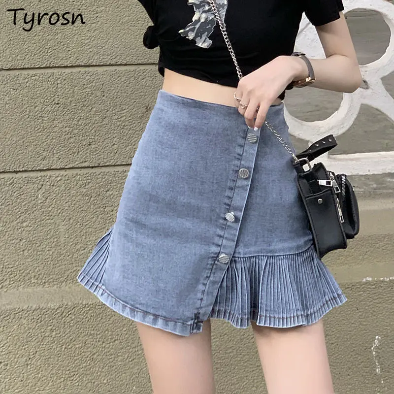 

Юбка женская ассиметричная в стиле ретро, пикантная Милая универсальная короткая юбка из денима в простом Корейском стиле, в простом стиле, лето