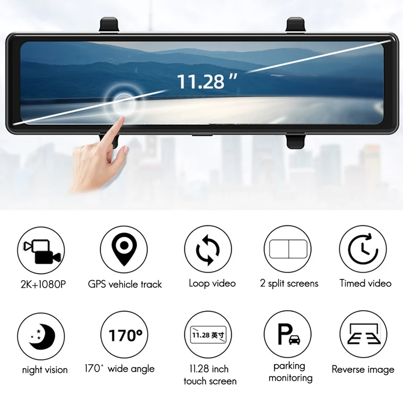 

11.28 Inch Car DVR 2K Touch Screen Front Camera Time-Lapse Video GPS Track Playback Recorder Dual Lens 1080P Rear Cams