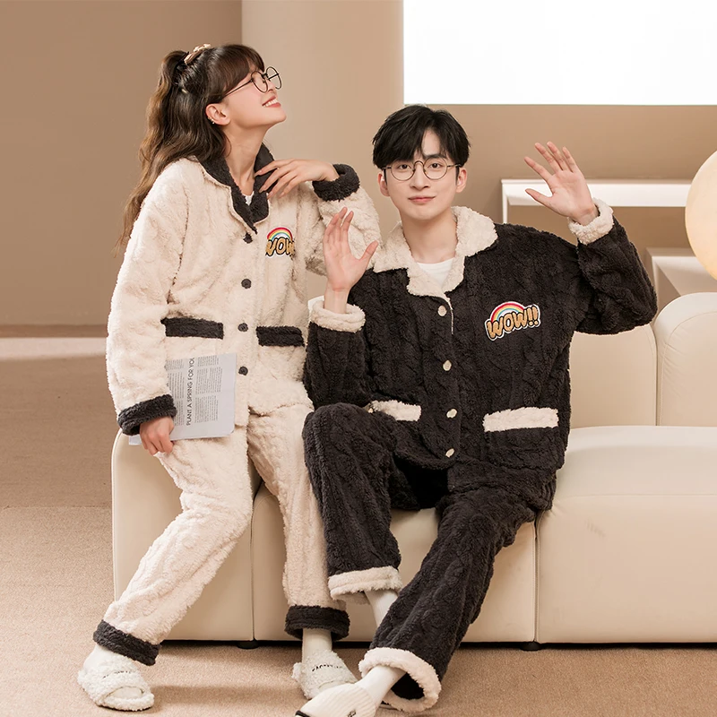 Winter Thick Pajamas Couple Fashion Lapel Home Clothes Sweet Cute Sleep Wear Suit