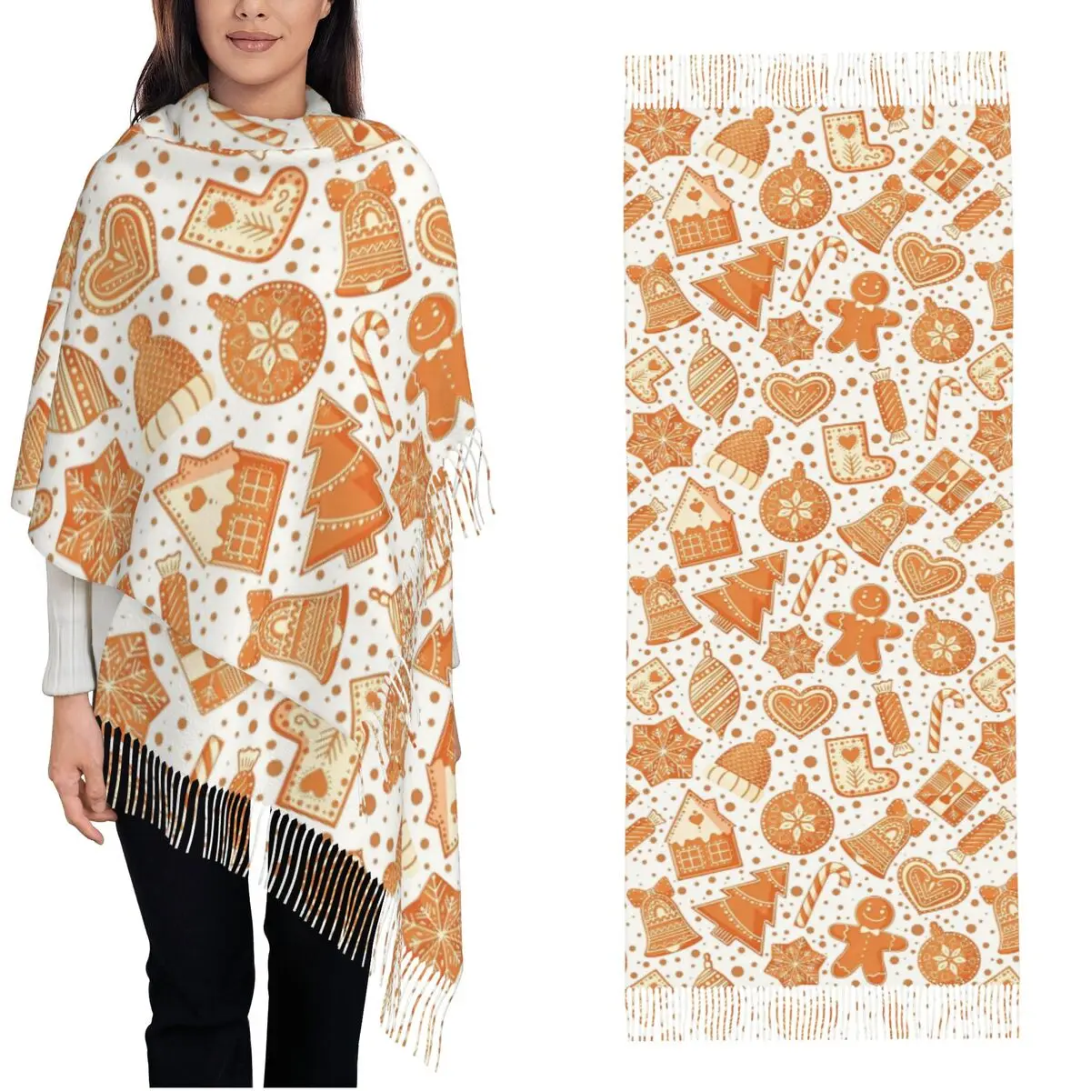 Женский шарф с кисточкой пряничная рождественская тема кавайная длинная