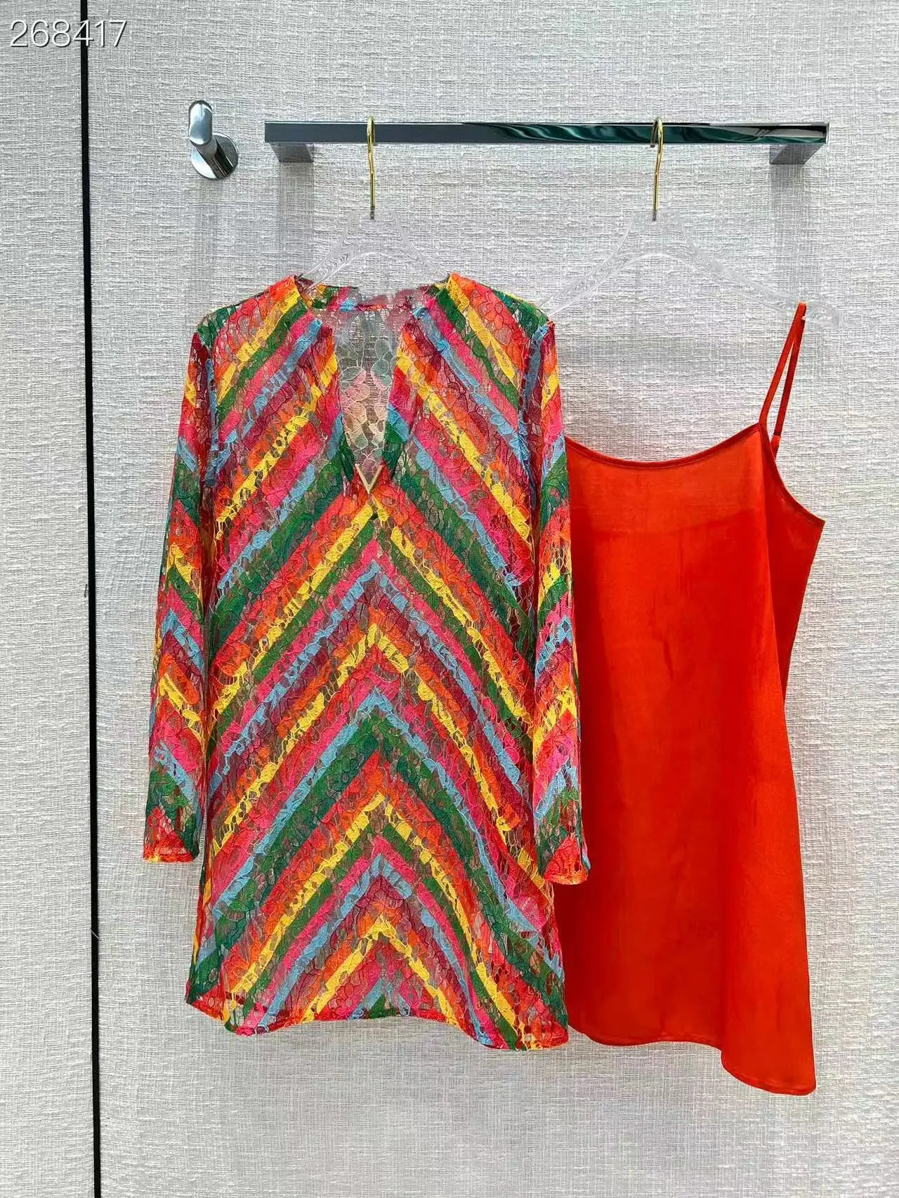 

2022 Fashion Runway Long Sleeve Dress Women Striped Print V-Neck Matching Lace Vintage Mini Dresses
