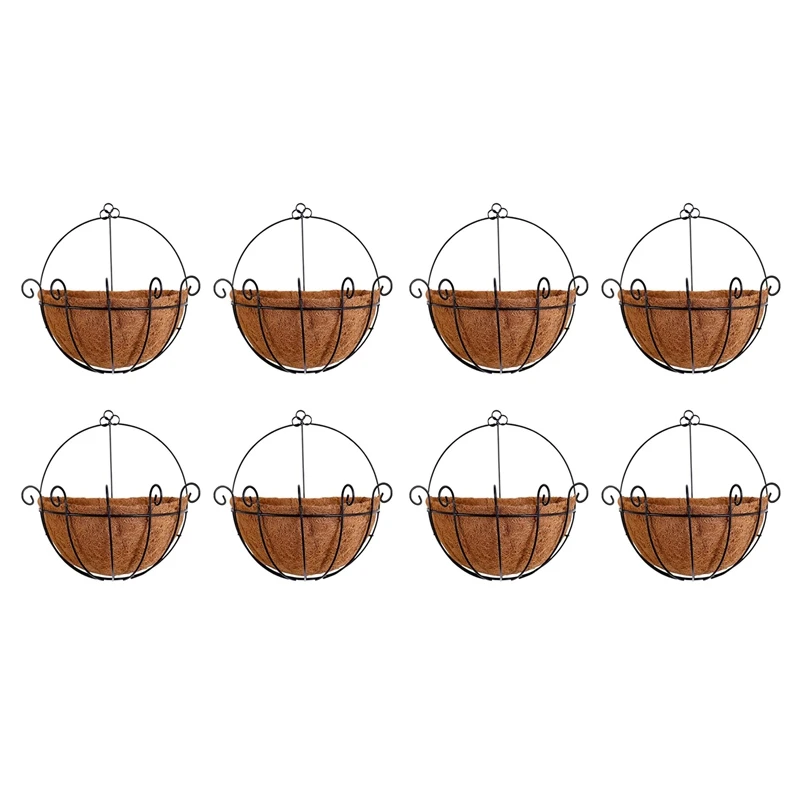 Metal Hanging Planter Basket With Coco Coir Liner Wall Mount Wire Plant Holder For Indoor Outdoor Garden Porch (8 Pack)