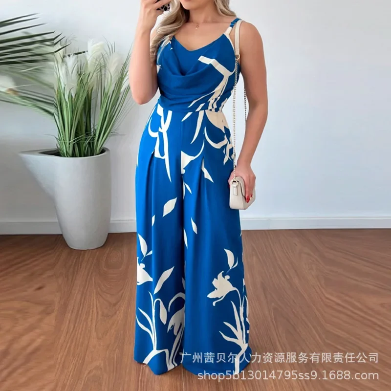 Tropical Print Sexy Swingneck Suspender Waist Wide Leg Jumpsuit for Women