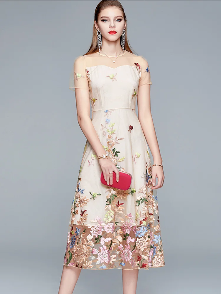 

Luxury Design Mesh Embroidery Floral Dresses 2023 Women Retro O-Neck Short Sleeve Tulle Midi Dress Elegant Evening Party Dress