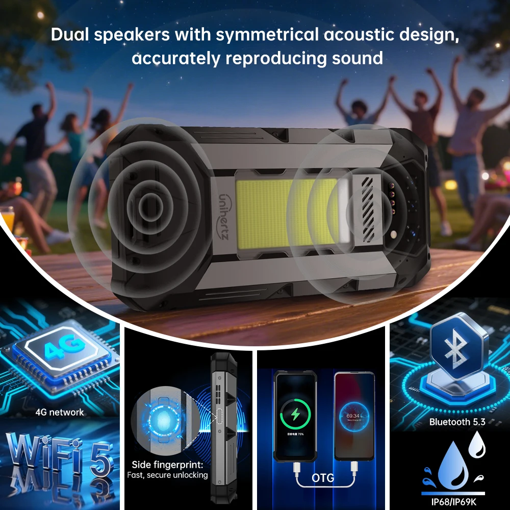 Unihertz 8849 Hike Смартфон Android 14 с 200-метровым фонариком, светодиодным фонариком, 23800 мАч, 24 ГБ, 512 ГБ, двойной динамик Helio G200 IP68IP69K 4G (art.: 3920d1fa5e15f) - 3920d1fa5e15f