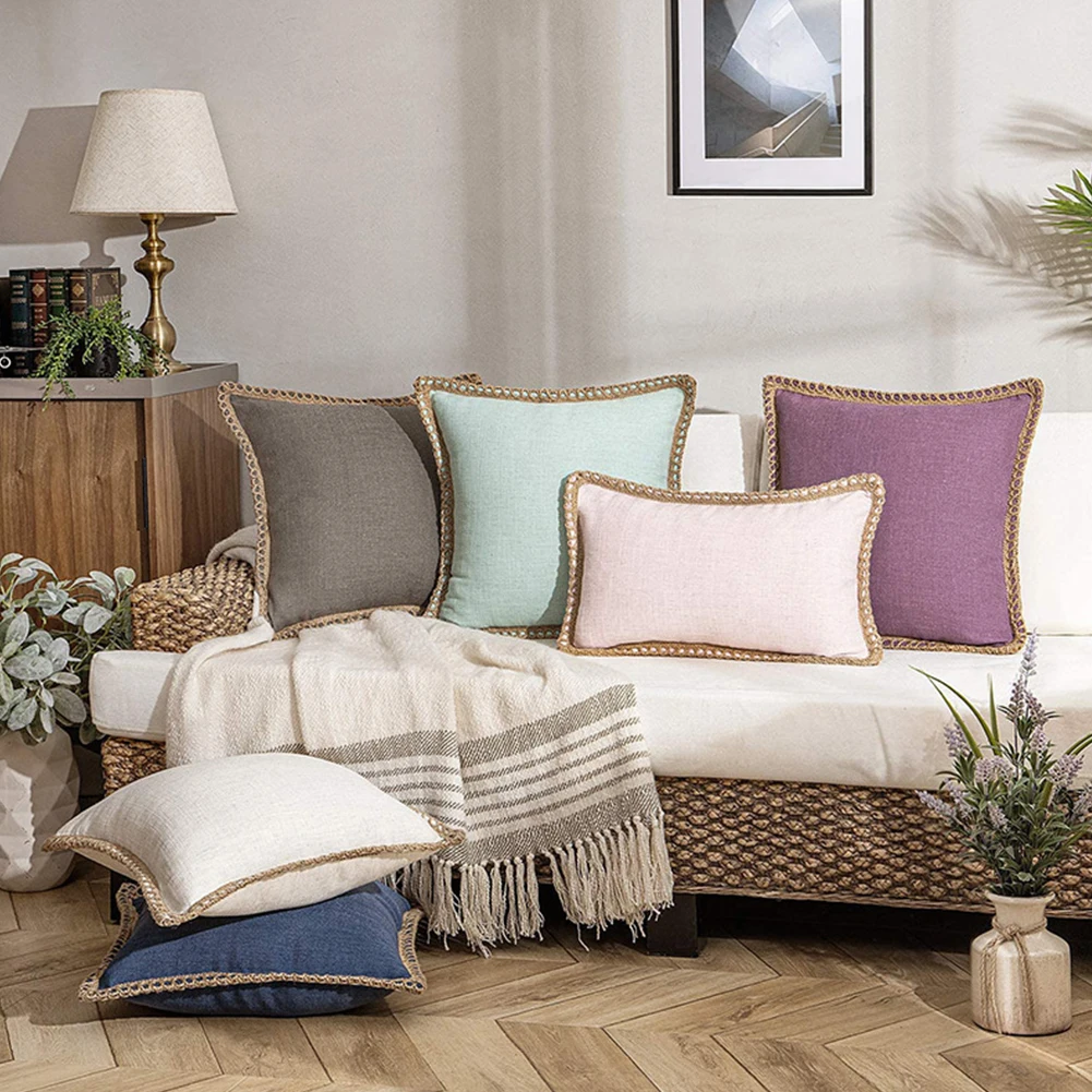 

45x45cm Square Vintage Throw Pillow Covers Pure Color Linen Trimmed Pillowcase Home Decorative Pillowcase For Sofa Chair Seat