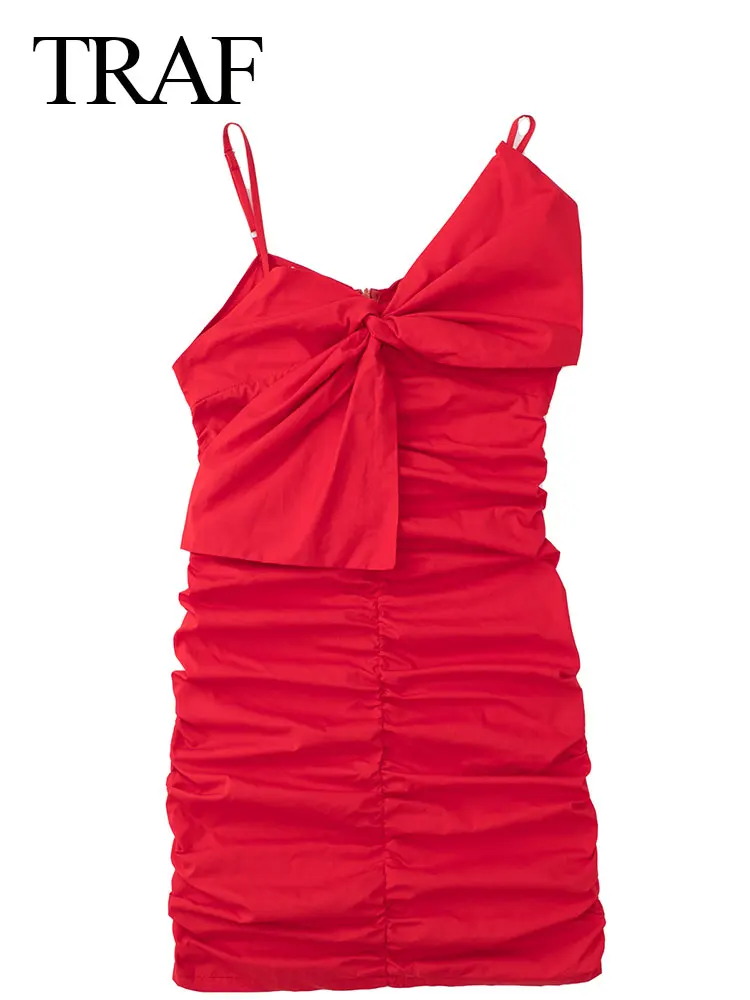 

TRAF Elegant Pure Red Smocked Sexy Slim Fit Women's Dress Fashion Premium Asymmetric Large Bow Neckline Lady Sling Dress