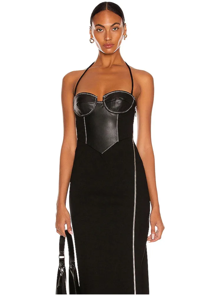 

Women Summer Style Sexy Backless Halter Zipper Black Mid-Caf Bodycon Bandage Dress 2022 Bodycon Elegant Evening Club Party Dress
