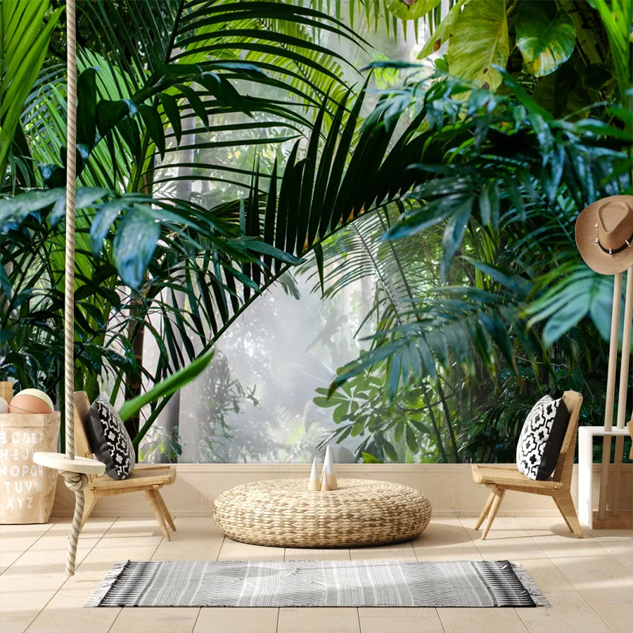 Removable Peel Stick 3d Wallpapers for Living Room Mural Walls Papers Foggy Jungle Leaves Tropical Forest Decoracion Para Baños