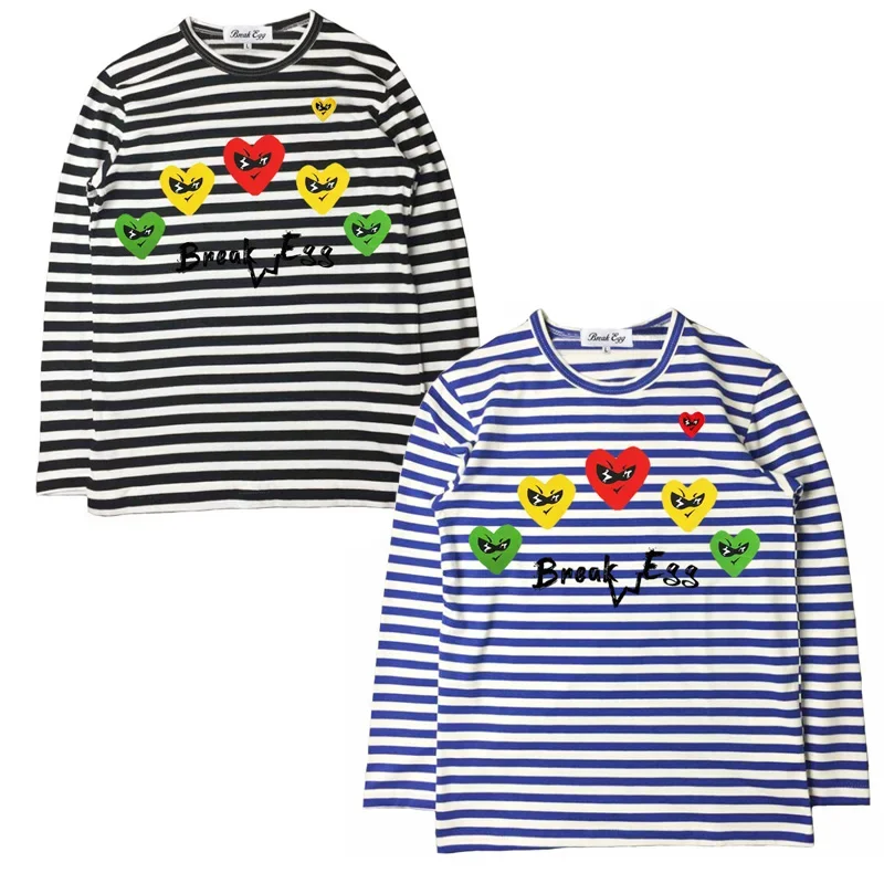 

Break Egg Women T-shirt Stripe Cotton Heart Glasses Embroidery Cartoon Colorful Heart Print O-Neck Long Sleeve Straight T-Shirt