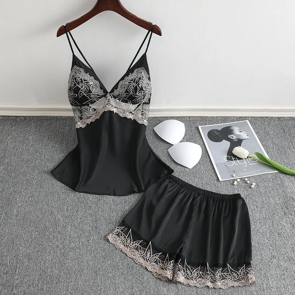

Nightwear Summer Pyjamas With Shorts Suit For Women Sleep Set Satin Homewear Loose 2PCS Pajamas Suit Home Clothing Sleepwear