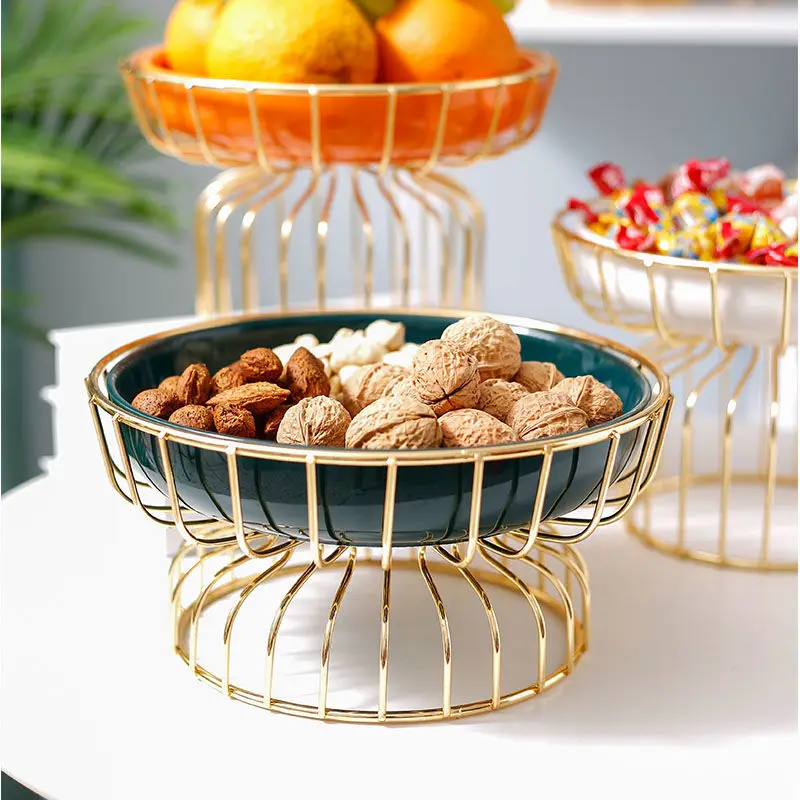 

Modern iron frame ceramic fruit platter European luxury snack tray living room ornaments snacks fruit holder candy box