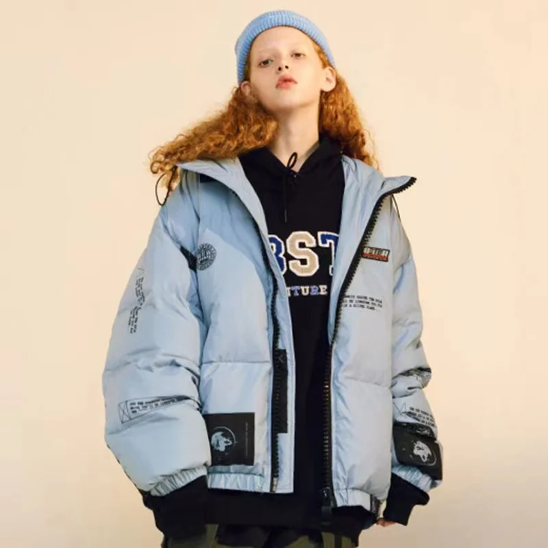 Winter Couples White Duck Down Jacket Little Devil Smile Print Letter Hip Hop Men's and Women's Thick Loose Down Jacket Clothes