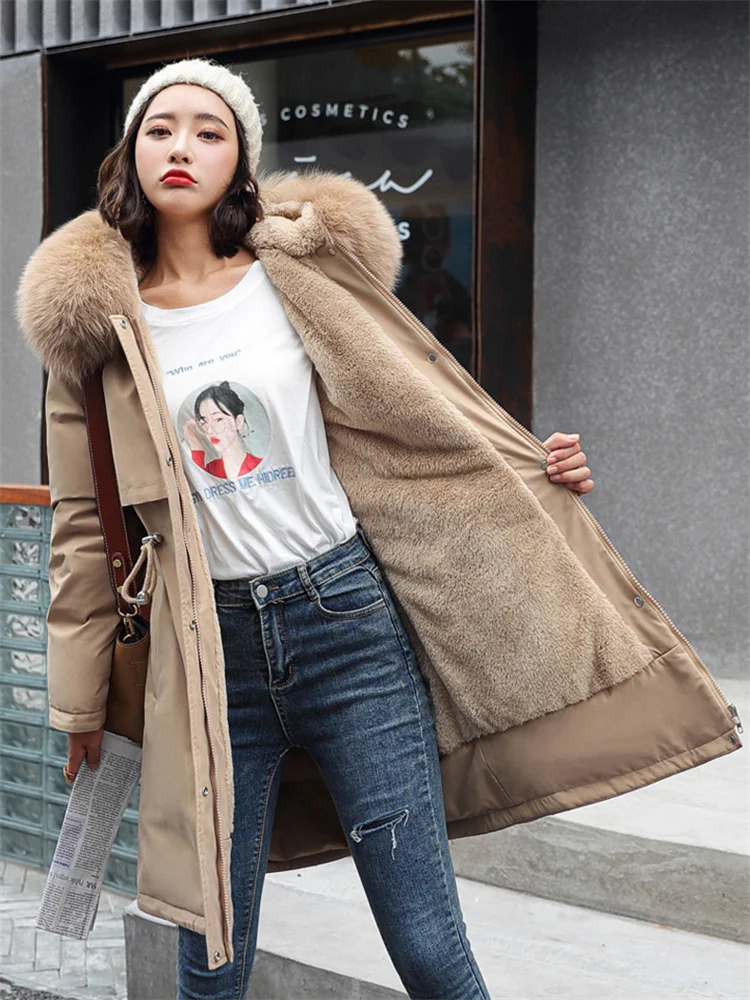 

Parkas Coat Women Khaki Long Plus Velvet Fur Hooded Coats 2022 Winter New Fashion Loose Thick Warmth Down Cotton Jacket Feminina