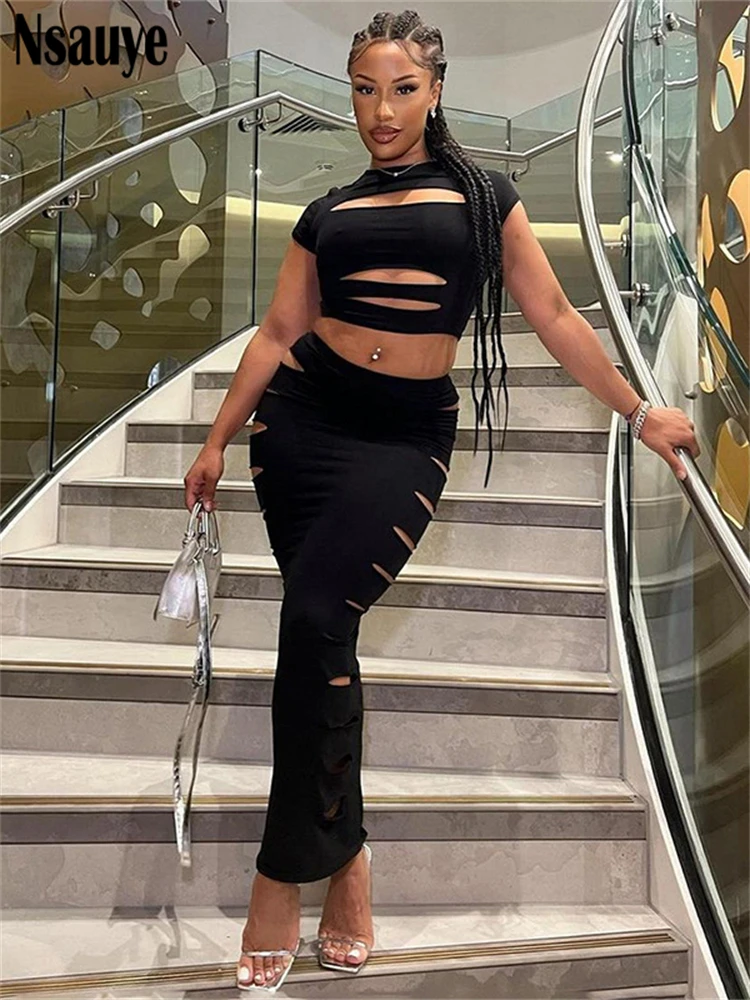 

Nsauye 2023 Autumn Hollow Out Dress Sets Women Outfits Sexy Short Sleeve Crop Top Elegant Maxi Skirt Two Piece Set Club Fashion