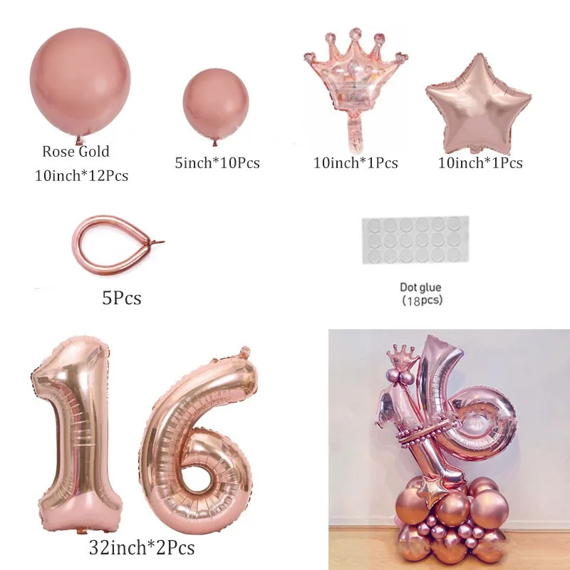 

Rose Gold 16 Number Balloon Sweet 16 Year Old Foil Ballon Cheer Sixteen Happy Girl 10th 16th 18th Birthday Party Decor Balon