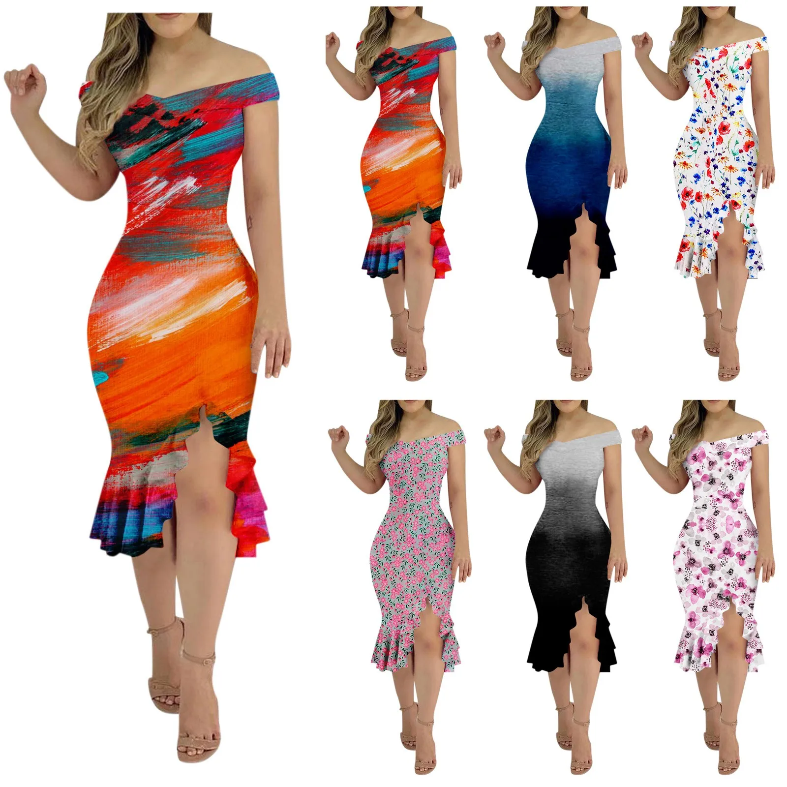 

Женское летнее винтажное платье с принтом, повседневная юбка с разрезом, одним вырезом, открытой спиной и необычным подолом, женское пляжное платье